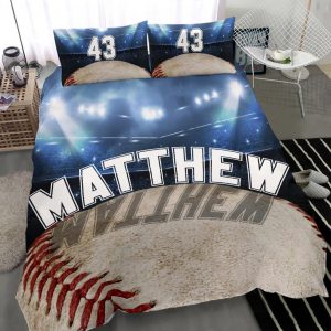 Personalized Baseball Duvet Cover Set, Baseball Ball Stadium Player Gift Idea Blue Duvet Cover & Pillowcases, Custom Name Number Bedding Set
