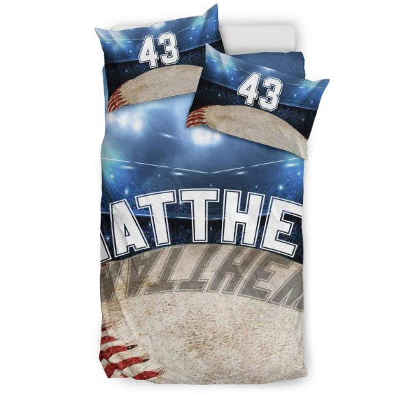 Personalized Baseball Duvet Cover Set, Baseball Ball Stadium Player Gift Idea Blue Duvet Cover & Pillowcases, Custom Name Number Bedding Set