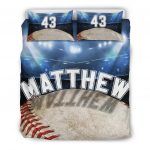 Personalized Baseball Duvet Cover Set, Baseball Ball Stadium Player Gift Idea Blue Duvet Cover & Pillowcases, Custom Name Number Bedding Set