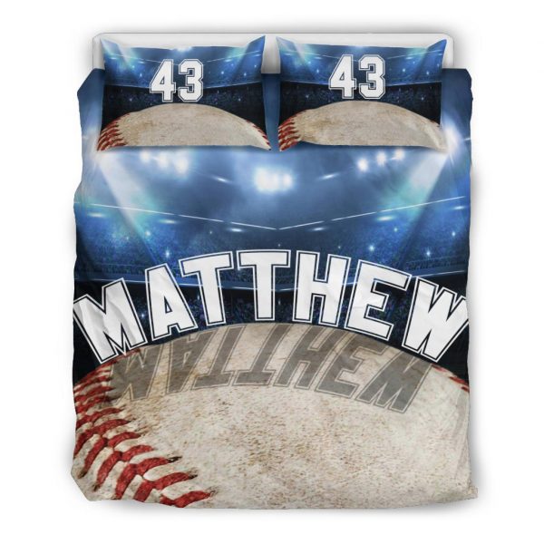 Personalized Baseball Duvet Cover Set, Baseball Ball Stadium Player Gift Idea Blue Duvet Cover & Pillowcases, Custom Name Number Bedding Set