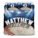 Personalized Baseball Duvet Cover Set, Baseball Ball Stadium Player Gift Idea Blue Duvet Cover & Pillowcases, Custom Name Number Bedding Set