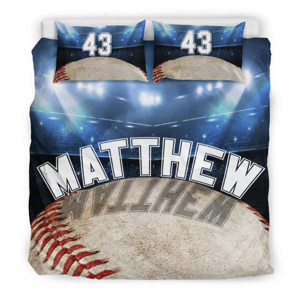 Personalized Baseball Duvet Cover Set, Baseball Ball Stadium Player Gift Idea Blue Duvet Cover & Pillowcases, Custom Name Number Bedding Set
