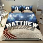 Personalized Baseball Duvet Cover Set, Baseball Ball Stadium Player Gift Idea Blue Duvet Cover & Pillowcases, Custom Name Number Bedding Set