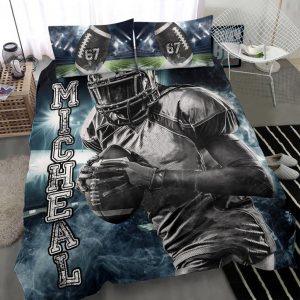 Personalized Football Duvet Cover Set, Football Boy Strong Player Gift Idea Blue Duvet Cover & Pillowcases, Custom Name Number Bedding Set
