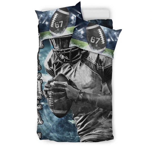 Personalized Football Duvet Cover Set, Football Boy Strong Player Gift Idea Blue Duvet Cover & Pillowcases, Custom Name Number Bedding Set