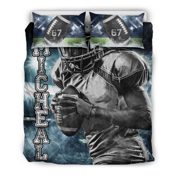 Personalized Football Duvet Cover Set, Football Boy Strong Player Gift Idea Blue Duvet Cover & Pillowcases, Custom Name Number Bedding Set
