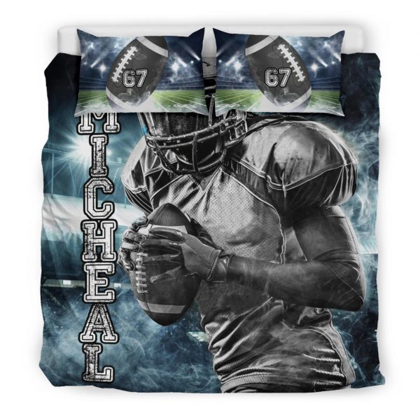 Personalized Football Duvet Cover Set, Football Boy Strong Player Gift Idea Blue Duvet Cover & Pillowcases, Custom Name Number Bedding Set