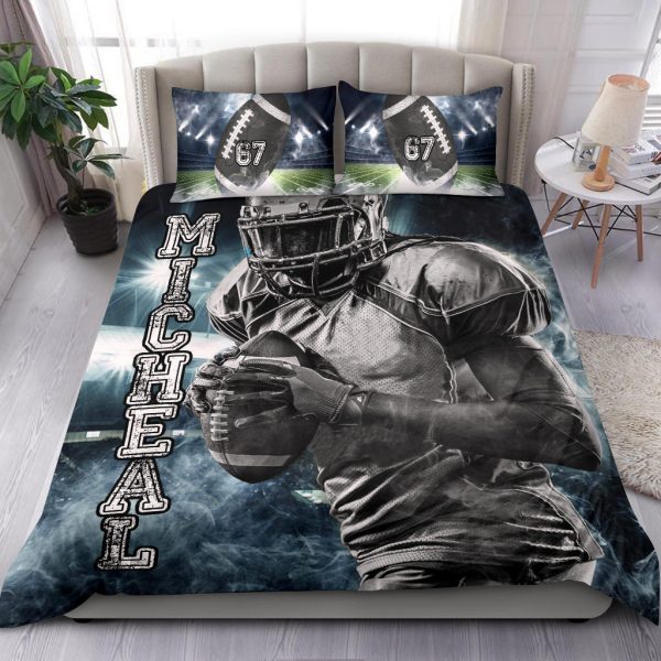 Personalized Football Duvet Cover Set, Football Boy Strong Player Gift Idea Blue Duvet Cover & Pillowcases, Custom Name Number Bedding Set