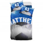 Personalized Soccer Duvet Cover Set, Soccer Ball Stadium Player Gift Idea Blue Duvet Cover & Pillowcases, Custom Name Number Bedding Set