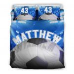 Personalized Soccer Duvet Cover Set, Soccer Ball Stadium Player Gift Idea Blue Duvet Cover & Pillowcases, Custom Name Number Bedding Set