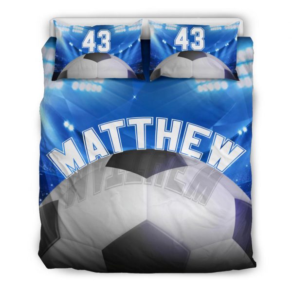Personalized Soccer Duvet Cover Set, Soccer Ball Stadium Player Gift Idea Blue Duvet Cover & Pillowcases, Custom Name Number Bedding Set