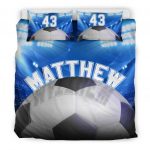 Personalized Soccer Duvet Cover Set, Soccer Ball Stadium Player Gift Idea Blue Duvet Cover & Pillowcases, Custom Name Number Bedding Set
