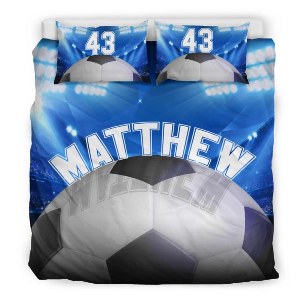 Personalized Soccer Duvet Cover Set, Soccer Ball Stadium Player Gift Idea Blue Duvet Cover & Pillowcases, Custom Name Number Bedding Set
