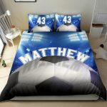 Personalized Soccer Duvet Cover Set, Soccer Ball Stadium Player Gift Idea Blue Duvet Cover & Pillowcases, Custom Name Number Bedding Set