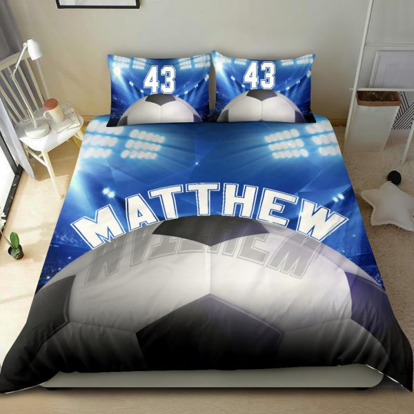 Personalized Soccer Duvet Cover Set, Soccer Ball Stadium Player Gift Idea Blue Duvet Cover & Pillowcases, Custom Name Number Bedding Set