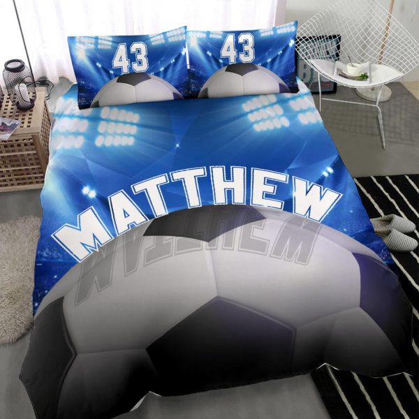 Personalized Soccer Duvet Cover Set, Soccer Ball Stadium Player Gift Idea Blue Duvet Cover & Pillowcases, Custom Name Number Bedding Set