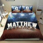 Personalized Football Duvet Cover Set, Football Ball Stadium Player Gift Idea Blue Duvet Cover & Pillowcases, Custom Name Number Bedding Set