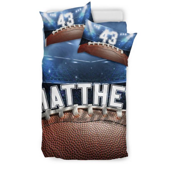 Personalized Football Duvet Cover Set, Football Ball Stadium Player Gift Idea Blue Duvet Cover & Pillowcases, Custom Name Number Bedding Set