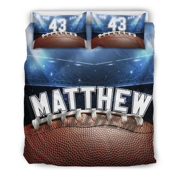 Personalized Football Duvet Cover Set, Football Ball Stadium Player Gift Idea Blue Duvet Cover & Pillowcases, Custom Name Number Bedding Set