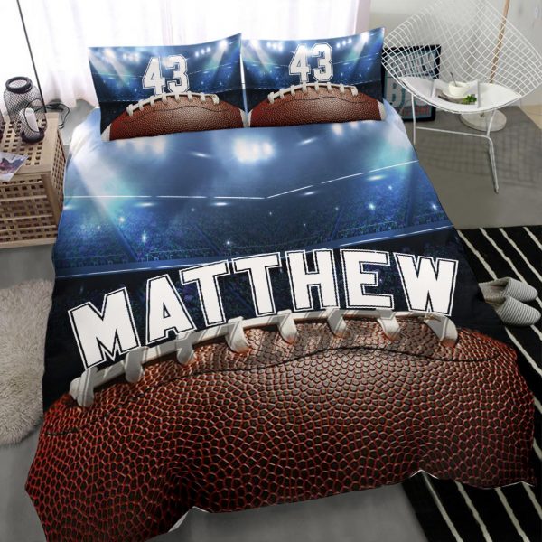 Personalized Football Duvet Cover Set, Football Ball Stadium Player Gift Idea Blue Duvet Cover & Pillowcases, Custom Name Number Bedding Set