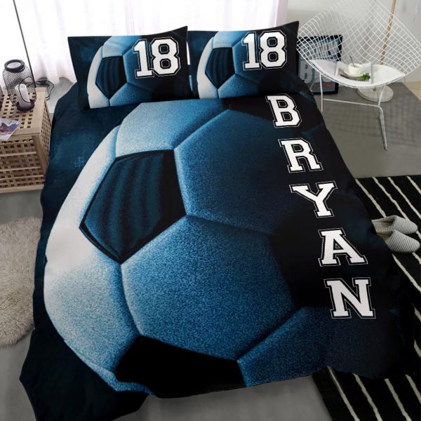 Personalized Soccer Duvet Cover Set, Soccer Ball Dream Player Gift Idea Blue Duvet Cover & Pillowcases, Custom Name Number Bedding Set