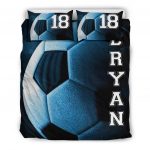 Personalized Soccer Duvet Cover Set, Soccer Ball Dream Player Gift Idea Blue Duvet Cover & Pillowcases, Custom Name Number Bedding Set