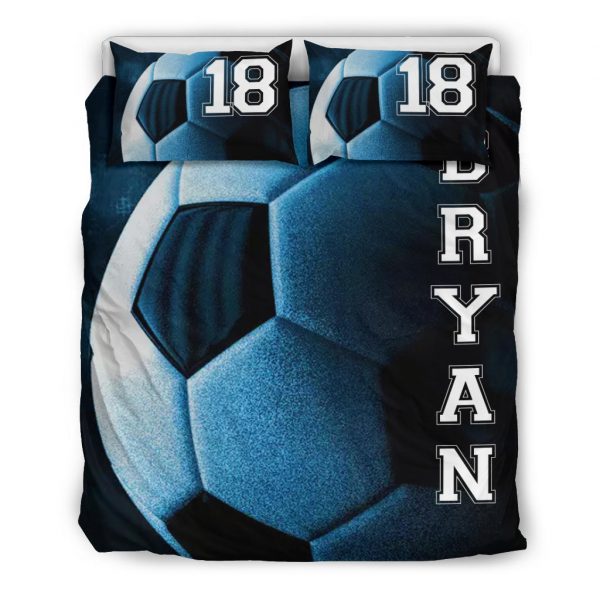 Personalized Soccer Duvet Cover Set, Soccer Ball Dream Player Gift Idea Blue Duvet Cover & Pillowcases, Custom Name Number Bedding Set