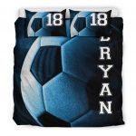 Personalized Soccer Duvet Cover Set, Soccer Ball Dream Player Gift Idea Blue Duvet Cover & Pillowcases, Custom Name Number Bedding Set