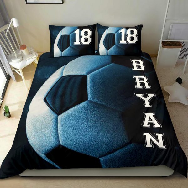 Personalized Soccer Duvet Cover Set, Soccer Ball Dream Player Gift Idea Blue Duvet Cover & Pillowcases, Custom Name Number Bedding Set