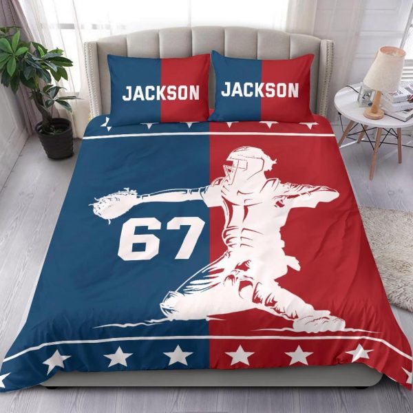 Personalized Baseball Duvet Cover Set, Baseball Boy Red And Blue Player Gift Idea Duvet Cover & Pillowcases, Custom Name Number Bedding Set