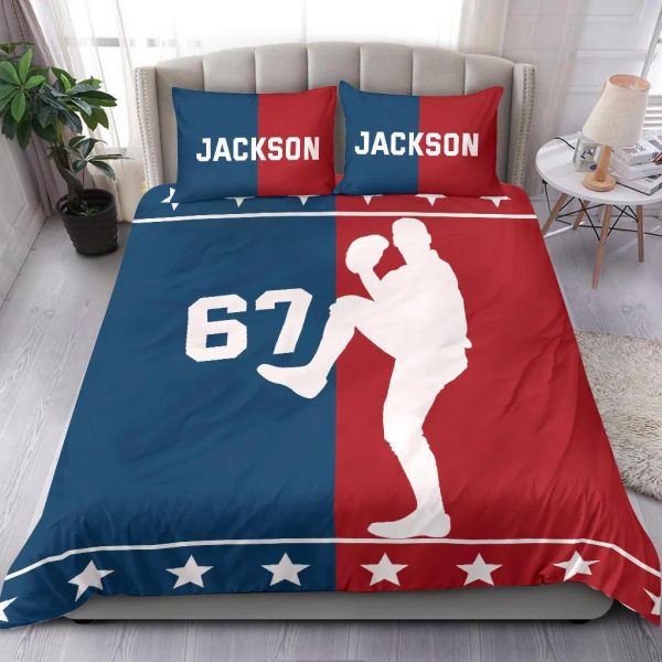 Personalized Baseball Duvet Cover Set, Baseball Boy Red And Blue Player Gift Idea Duvet Cover & Pillowcases, Custom Name Number Bedding Set