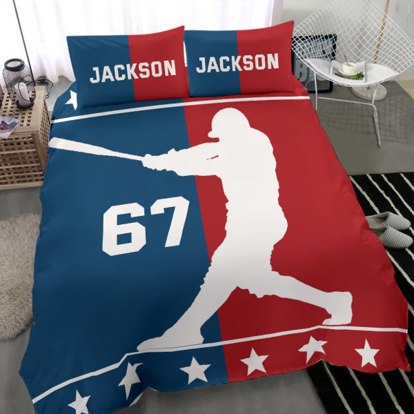 Personalized Baseball Duvet Cover Set, Baseball Boy Red And Blue Player Gift Idea Duvet Cover & Pillowcases, Custom Name Number Bedding Set