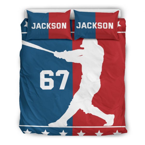 Personalized Baseball Duvet Cover Set, Baseball Boy Red And Blue Player Gift Idea Duvet Cover & Pillowcases, Custom Name Number Bedding Set