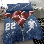 Personalized Football Duvet Cover Set, Football Ball Zip Jean Blue Player Gift Idea Duvet Cover & Pillowcases, Custom Name Number Bedding Set