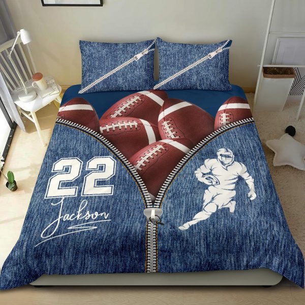 Personalized Football Duvet Cover Set, Football Ball Zip Jean Blue Player Gift Idea Duvet Cover & Pillowcases, Custom Name Number Bedding Set