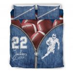 Personalized Football Duvet Cover Set, Football Ball Zip Jean Blue Player Gift Idea Duvet Cover & Pillowcases, Custom Name Number Bedding Set