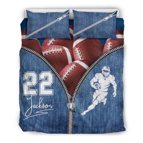 Personalized Football Duvet Cover Set, Football Ball Zip Jean Blue Player Gift Idea Duvet Cover & Pillowcases, Custom Name Number Bedding Set