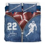 Personalized Football Duvet Cover Set, Football Ball Zip Jean Blue Player Gift Idea Duvet Cover & Pillowcases, Custom Name Number Bedding Set