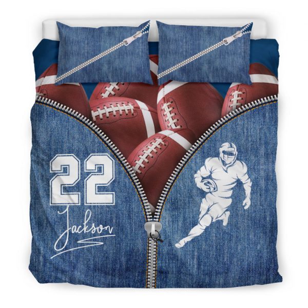 Personalized Football Duvet Cover Set, Football Ball Zip Jean Blue Player Gift Idea Duvet Cover & Pillowcases, Custom Name Number Bedding Set