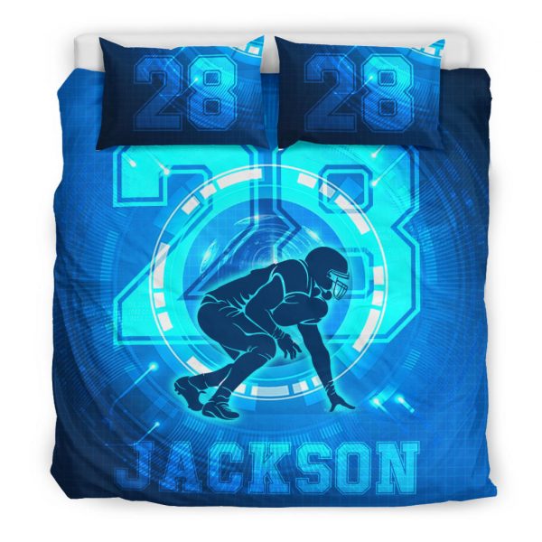 Personalized Football Duvet Cover Set, Football Boy Blue Digital Player Gift Idea Duvet Cover & Pillowcases, Custom Name Number Bedding Set