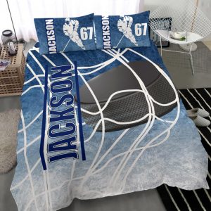 Personalized Hockey Duvet Cover Set, Ice Hockey Puck Player Gift Idea Blue White Duvet Cover & Pillowcases, Custom Name Number Bedding Set
