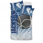 Personalized Hockey Duvet Cover Set, Ice Hockey Puck Player Gift Idea Blue White Duvet Cover & Pillowcases, Custom Name Number Bedding Set