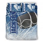 Personalized Hockey Duvet Cover Set, Ice Hockey Puck Player Gift Idea Blue White Duvet Cover & Pillowcases, Custom Name Number Bedding Set