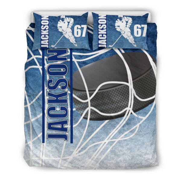 Personalized Hockey Duvet Cover Set, Ice Hockey Puck Player Gift Idea Blue White Duvet Cover & Pillowcases, Custom Name Number Bedding Set