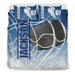 Personalized Hockey Duvet Cover Set, Ice Hockey Puck Player Gift Idea Blue White Duvet Cover & Pillowcases, Custom Name Number Bedding Set