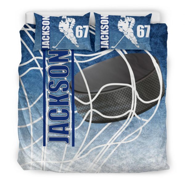 Personalized Hockey Duvet Cover Set, Ice Hockey Puck Player Gift Idea Blue White Duvet Cover & Pillowcases, Custom Name Number Bedding Set