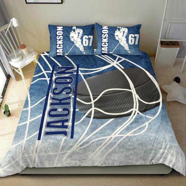 Personalized Hockey Duvet Cover Set, Ice Hockey Puck Player Gift Idea Blue White Duvet Cover & Pillowcases, Custom Name Number Bedding Set
