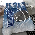 Personalized Hockey Duvet Cover Set, Ice Hockey Puck Player Gift Idea Blue White Duvet Cover & Pillowcases, Custom Name Number Bedding Set