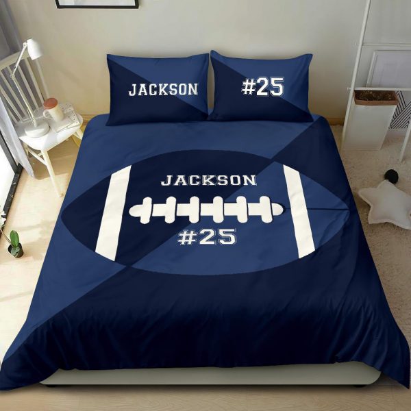 Personalized Football Duvet Cover Set, Football Ball Blue Simple Player Gift Idea Duvet Cover & Pillowcases, Custom Name Number Bedding Set