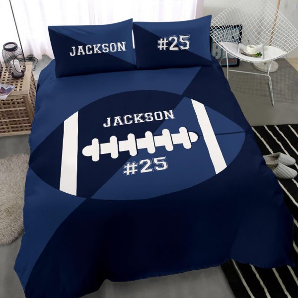 Personalized Football Duvet Cover Set, Football Ball Blue Simple Player Gift Idea Duvet Cover & Pillowcases, Custom Name Number Bedding Set